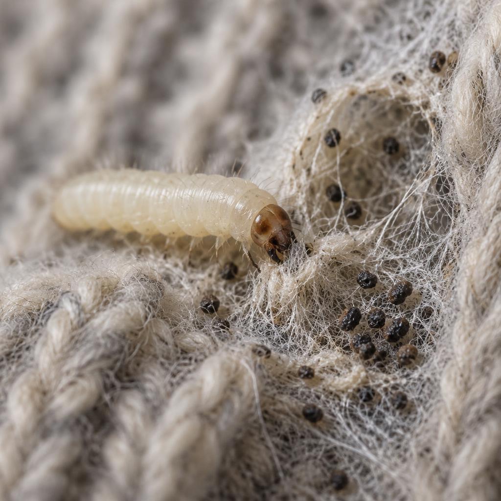 Webbing Clothes Moth — Larva with webbing